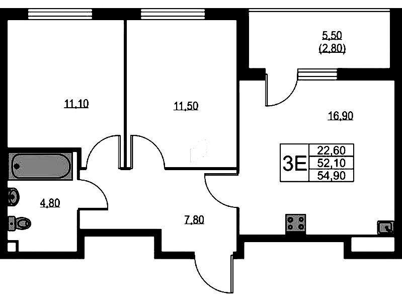 2-комнатная квартира 54.9 м², 2/12 эт., ЖК «А101 Лаголово»